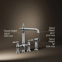 Three-hole bridge kitchen sink faucet with side sprayer^Kohler Outlet