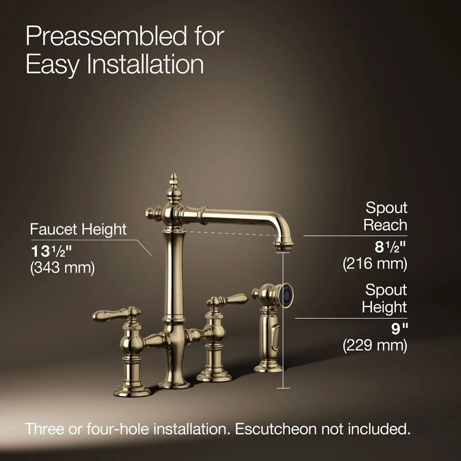 Three-hole bridge kitchen sink faucet with side sprayer^Kohler Outlet