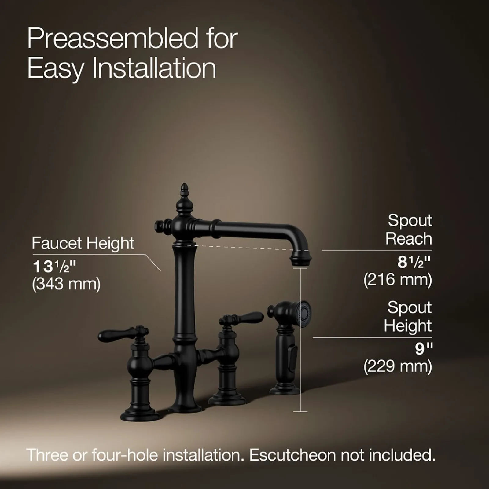 Three-hole bridge kitchen sink faucet with side sprayer^Kohler Outlet