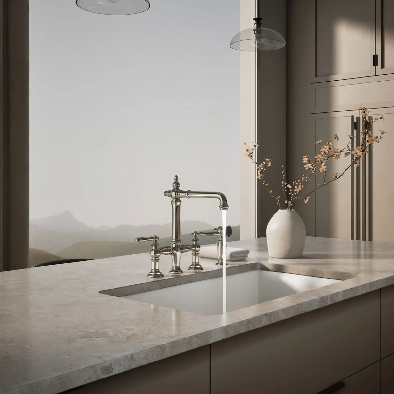 Three-hole bridge kitchen sink faucet with side sprayer^Kohler Outlet