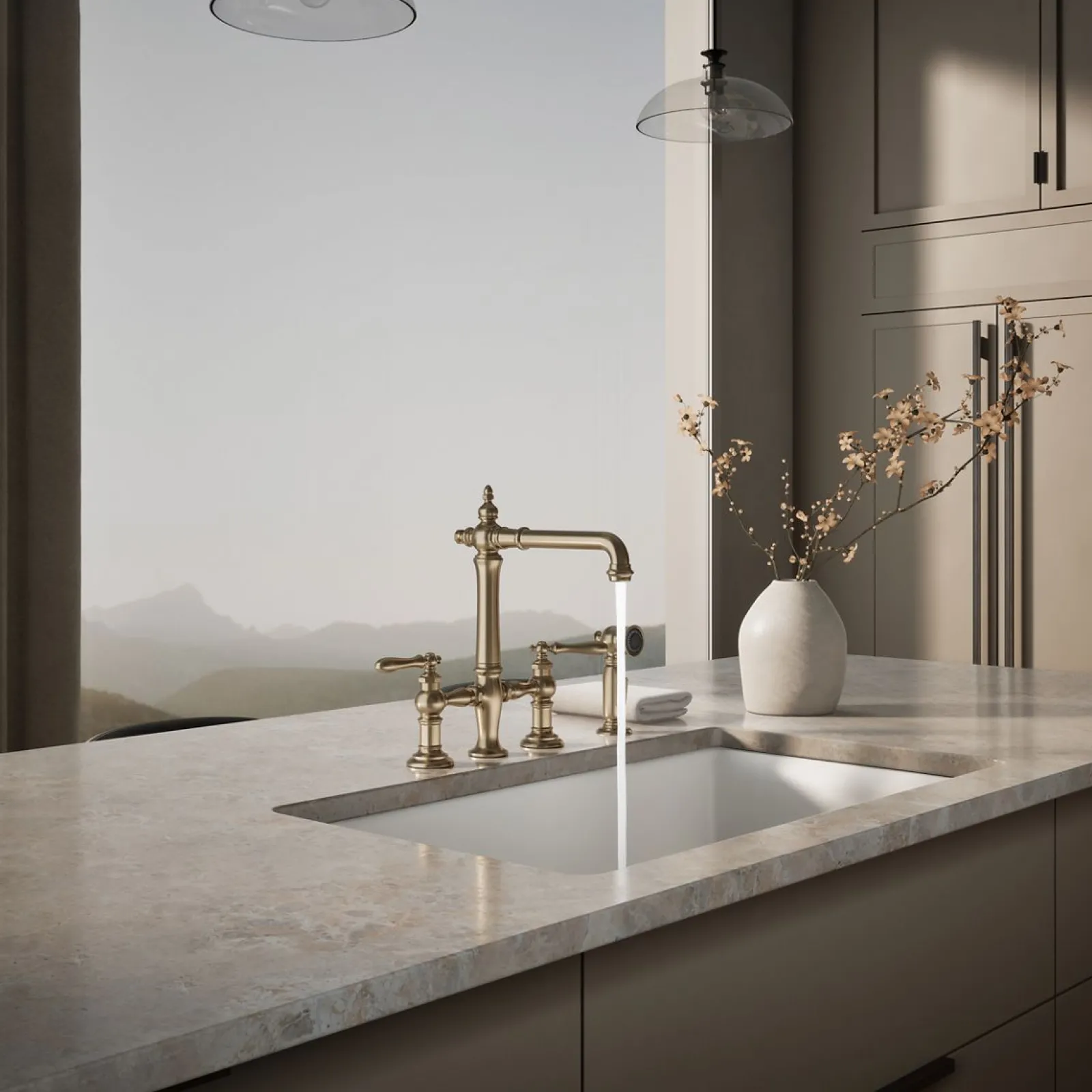 Three-hole bridge kitchen sink faucet with side sprayer^Kohler Outlet