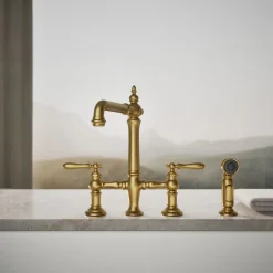 Three-hole bridge kitchen sink faucet with side sprayer^Kohler Outlet