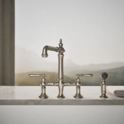Three-hole bridge kitchen sink faucet with side sprayer^Kohler Outlet