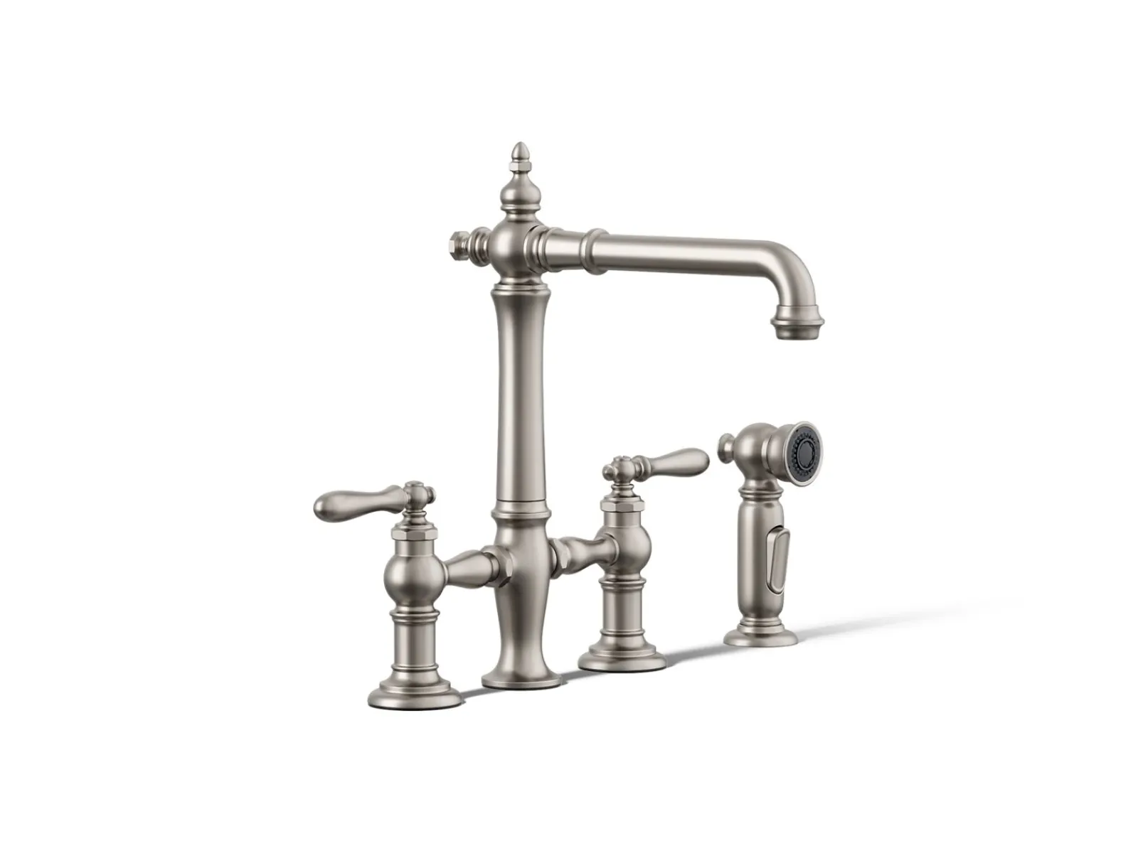 Three-hole bridge kitchen sink faucet with side sprayer^Kohler Outlet