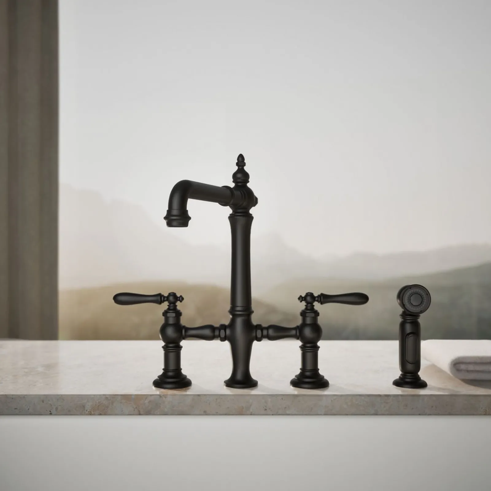Three-hole bridge kitchen sink faucet with side sprayer^Kohler Outlet