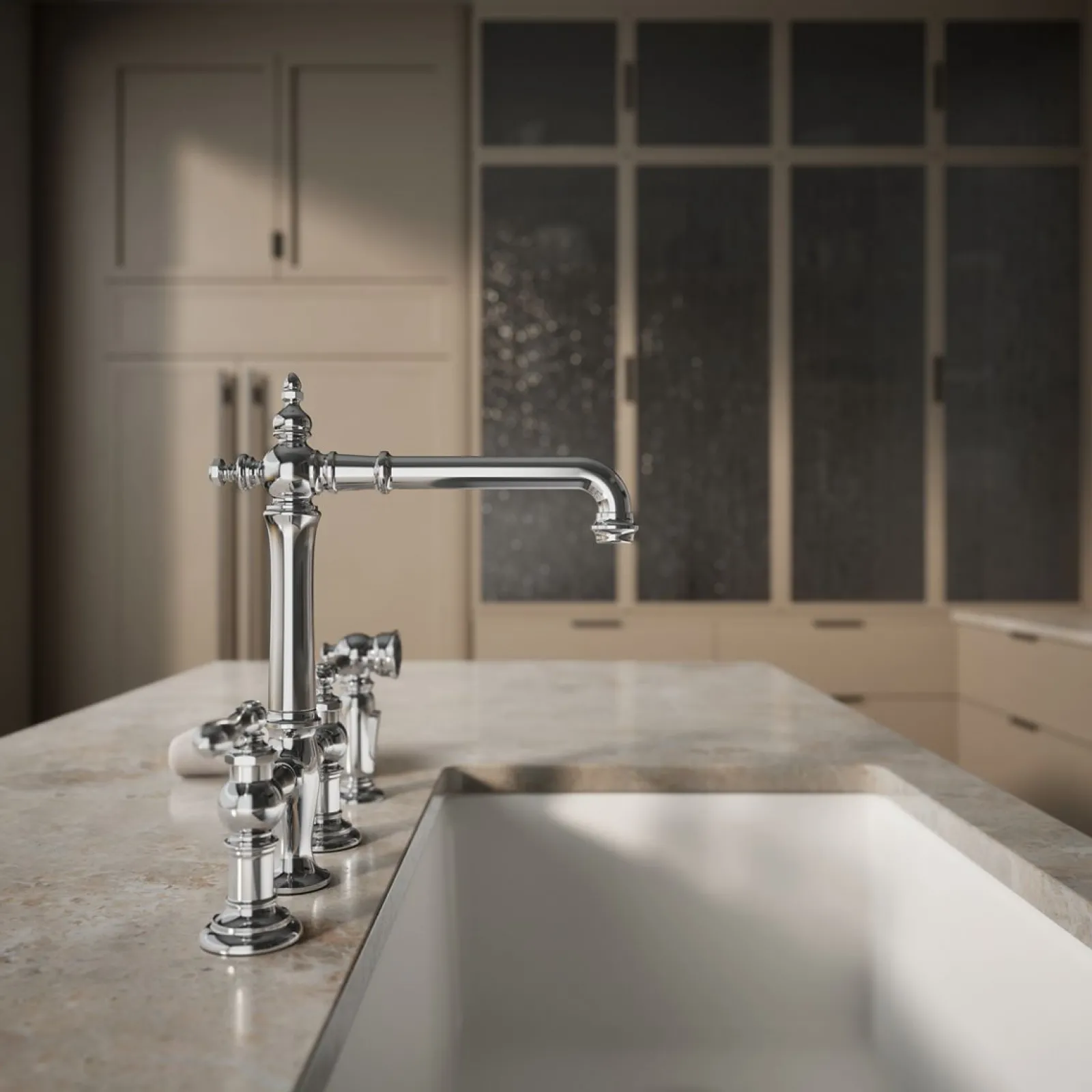 Three-hole bridge kitchen sink faucet with side sprayer^Kohler Outlet
