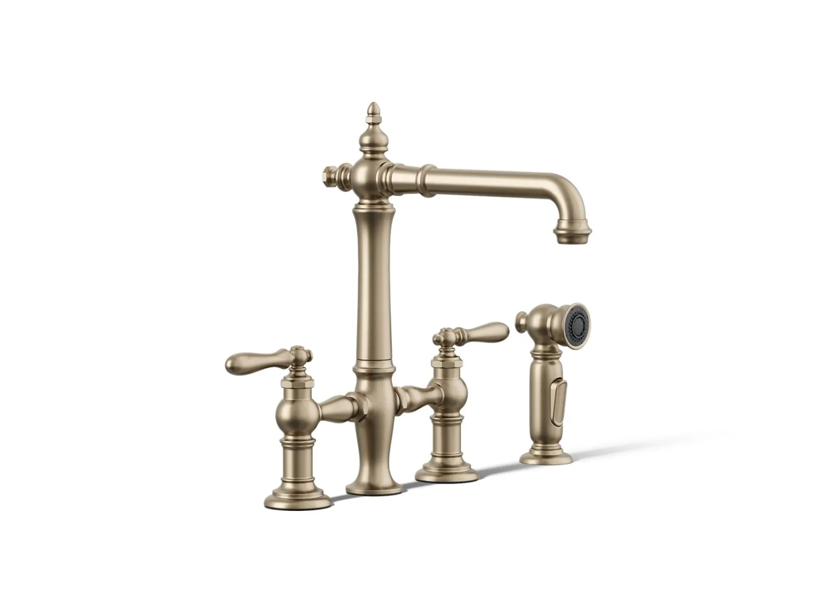 Three-hole bridge kitchen sink faucet with side sprayer^Kohler Outlet