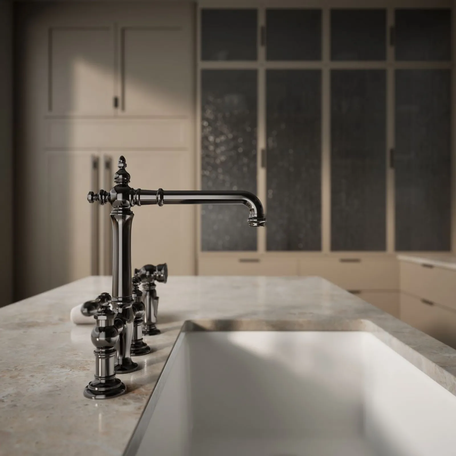 Three-hole bridge kitchen sink faucet with side sprayer^Kohler Outlet