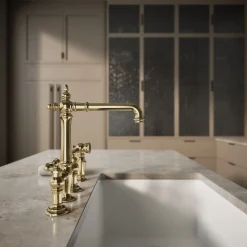 Three-hole bridge kitchen sink faucet with side sprayer^Kohler Outlet