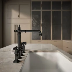 Three-hole bridge kitchen sink faucet with side sprayer^Kohler Outlet