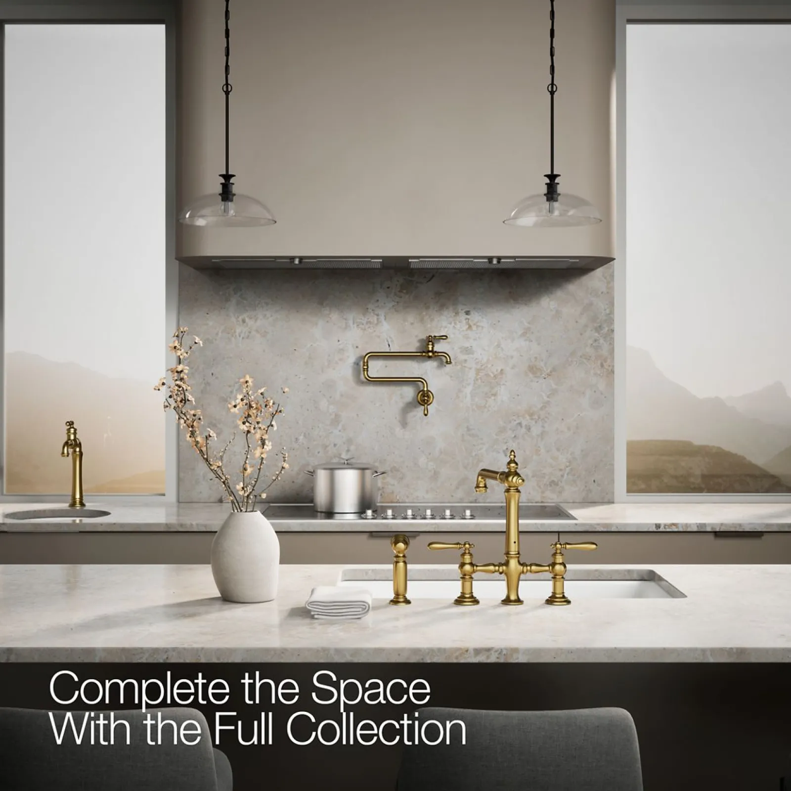 Three-hole bridge kitchen sink faucet with side sprayer^Kohler Outlet