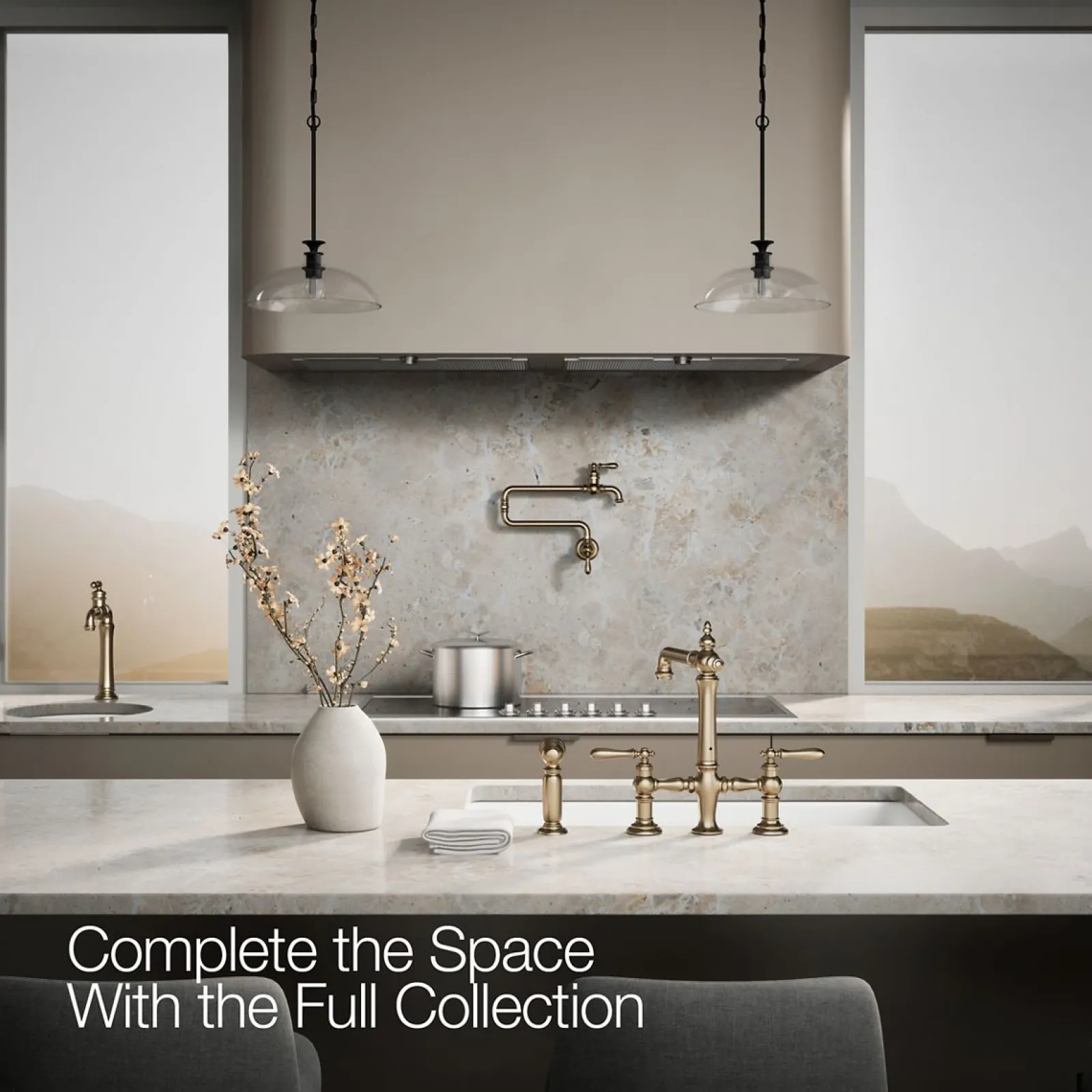 Three-hole bridge kitchen sink faucet with side sprayer^Kohler Outlet