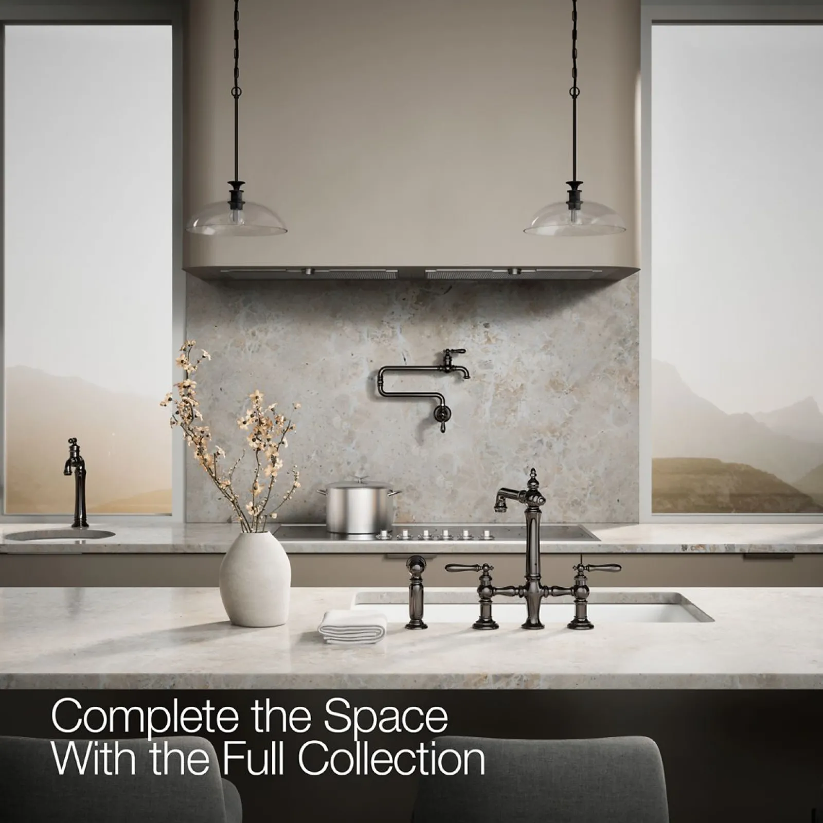 Three-hole bridge kitchen sink faucet with side sprayer^Kohler Outlet