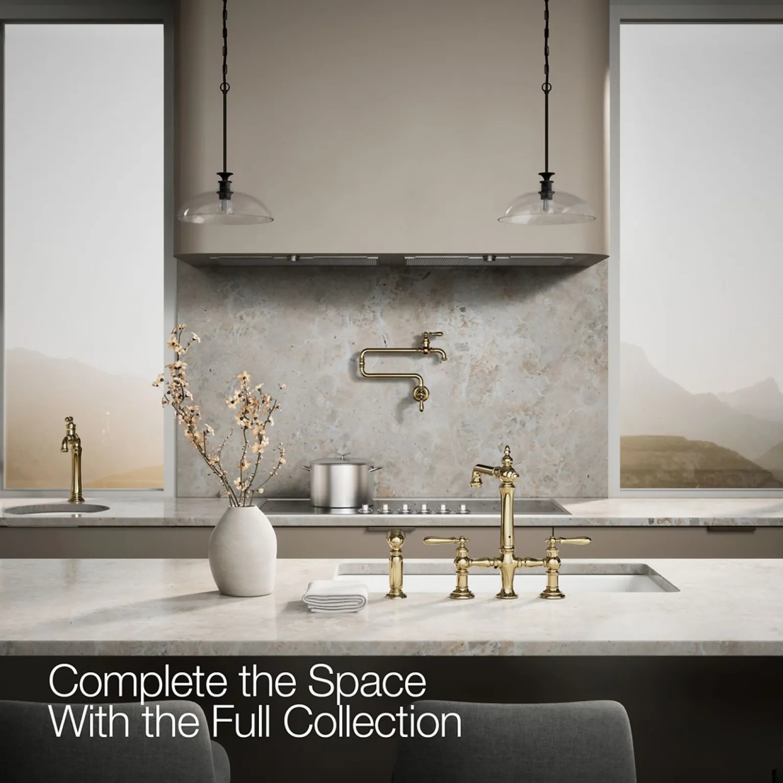 Three-hole bridge kitchen sink faucet with side sprayer^Kohler Outlet