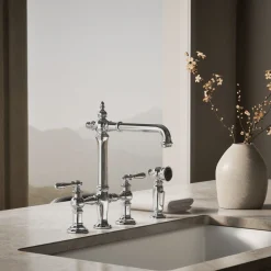 Three-hole bridge kitchen sink faucet with side sprayer^Kohler Outlet