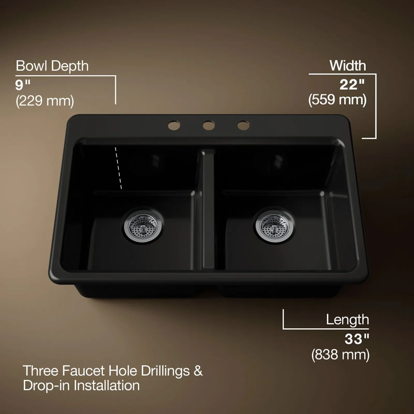 33" top-mount double-bowl kitchen sink^Kohler