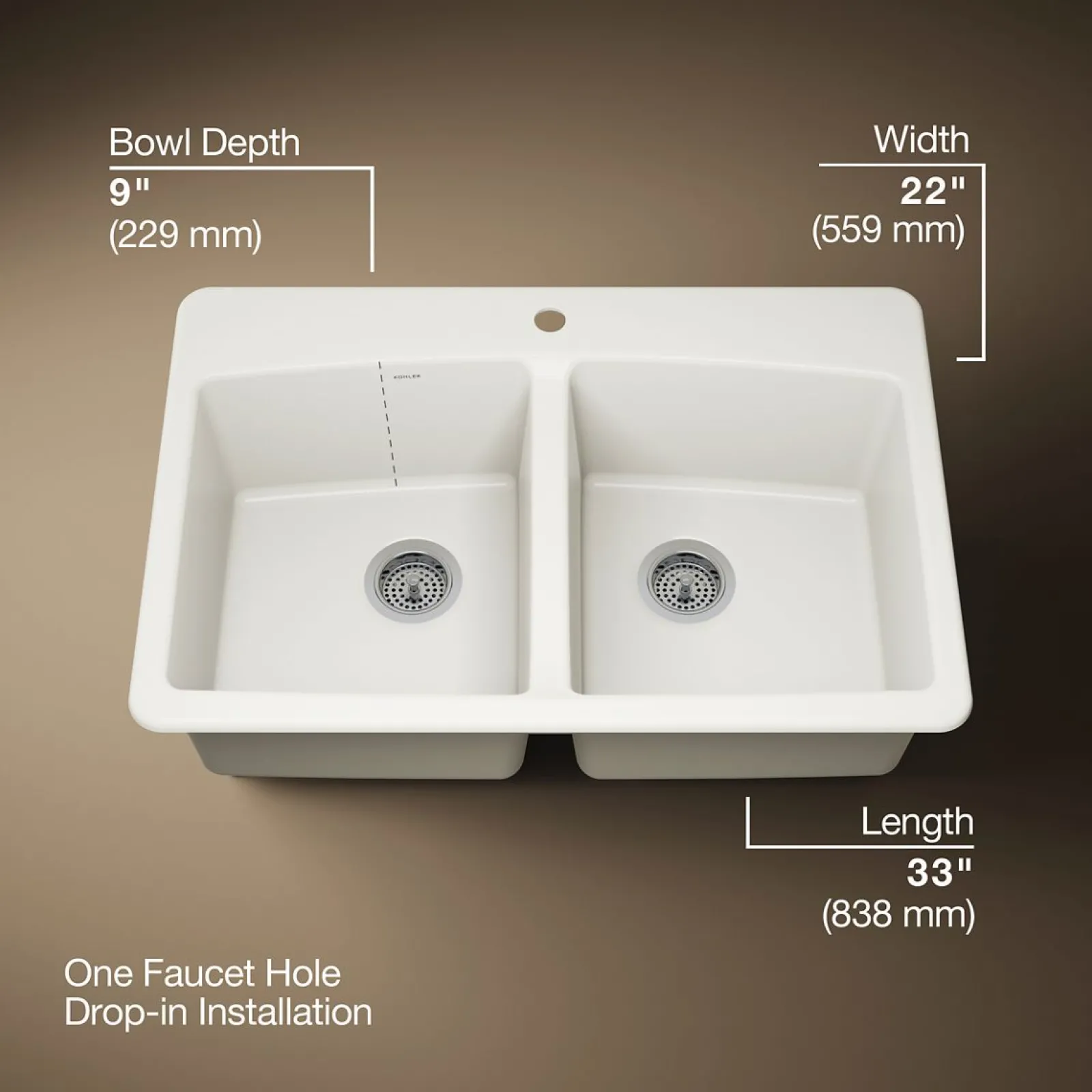 33" top-mount double-bowl kitchen sink^Kohler New