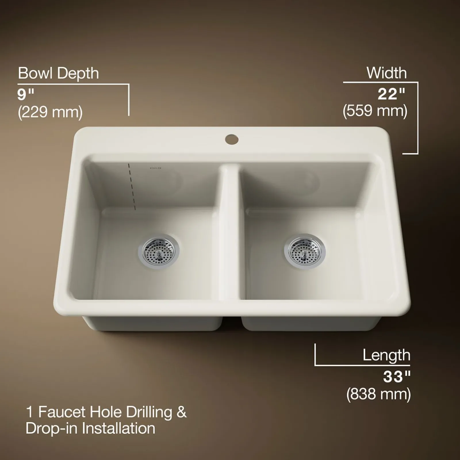 33" top-mount double-bowl kitchen sink^Kohler New