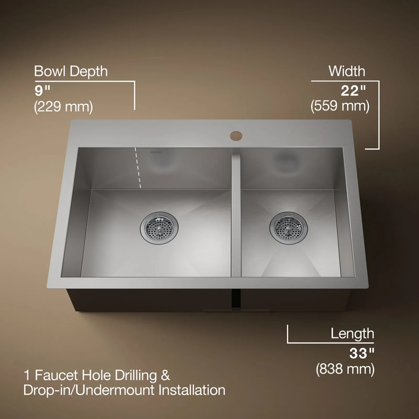 33" top-/undermount double-bowl kitchen sink^Kohler Sale