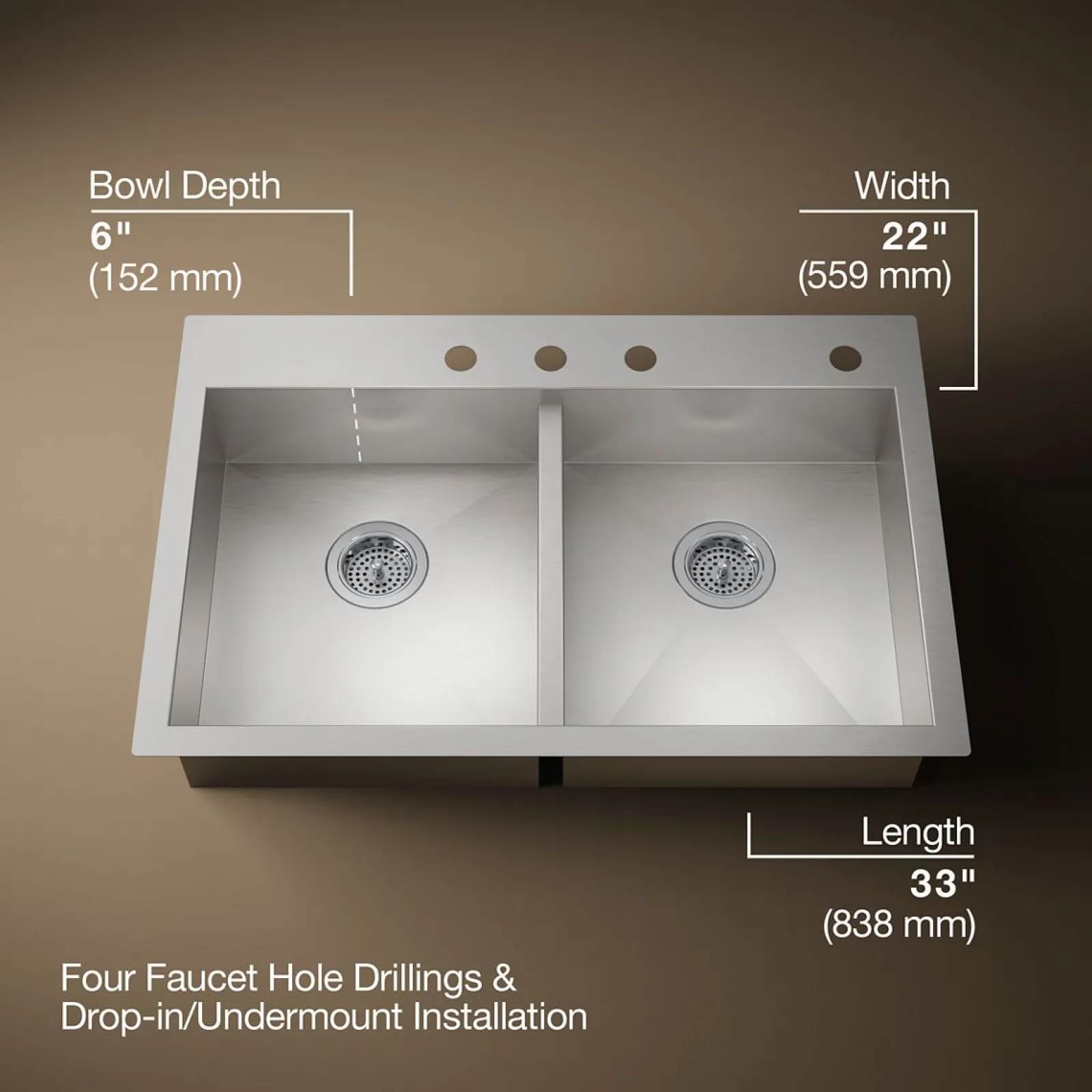 33" top-/undermount double-bowl kitchen sink^Kohler Online