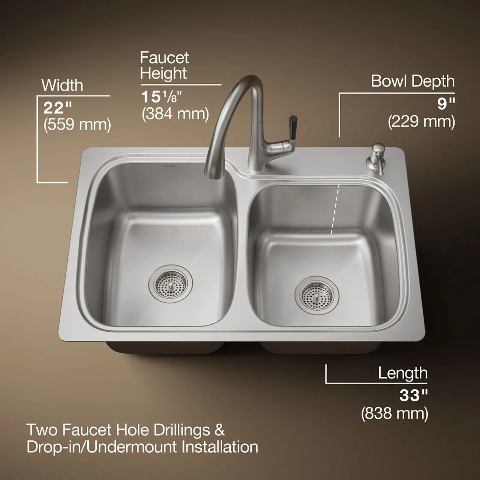 33" top-/undermount double-bowl kitchen sink^Kohler