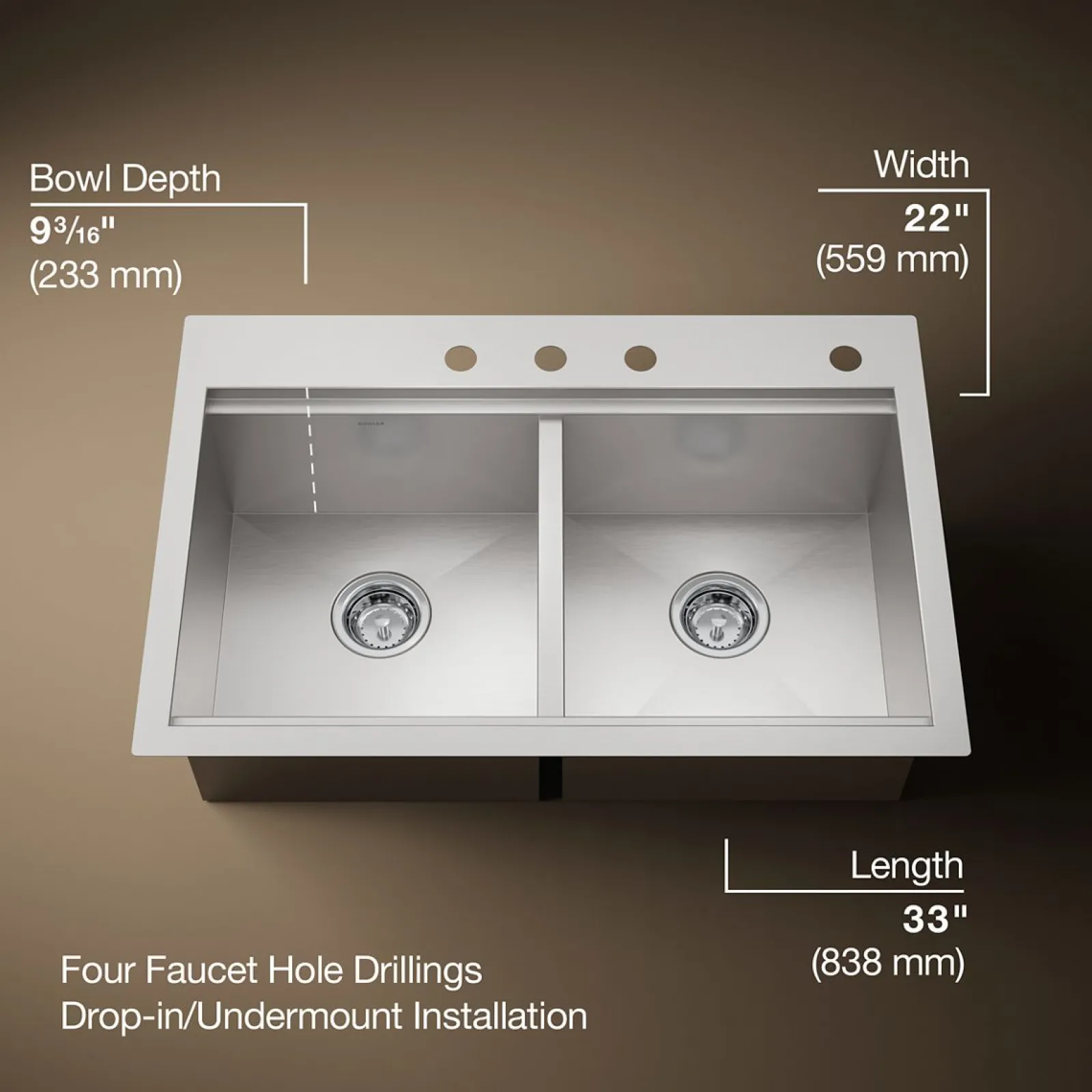 33" top-/undermount double-bowl kitchen sink^Kohler Best