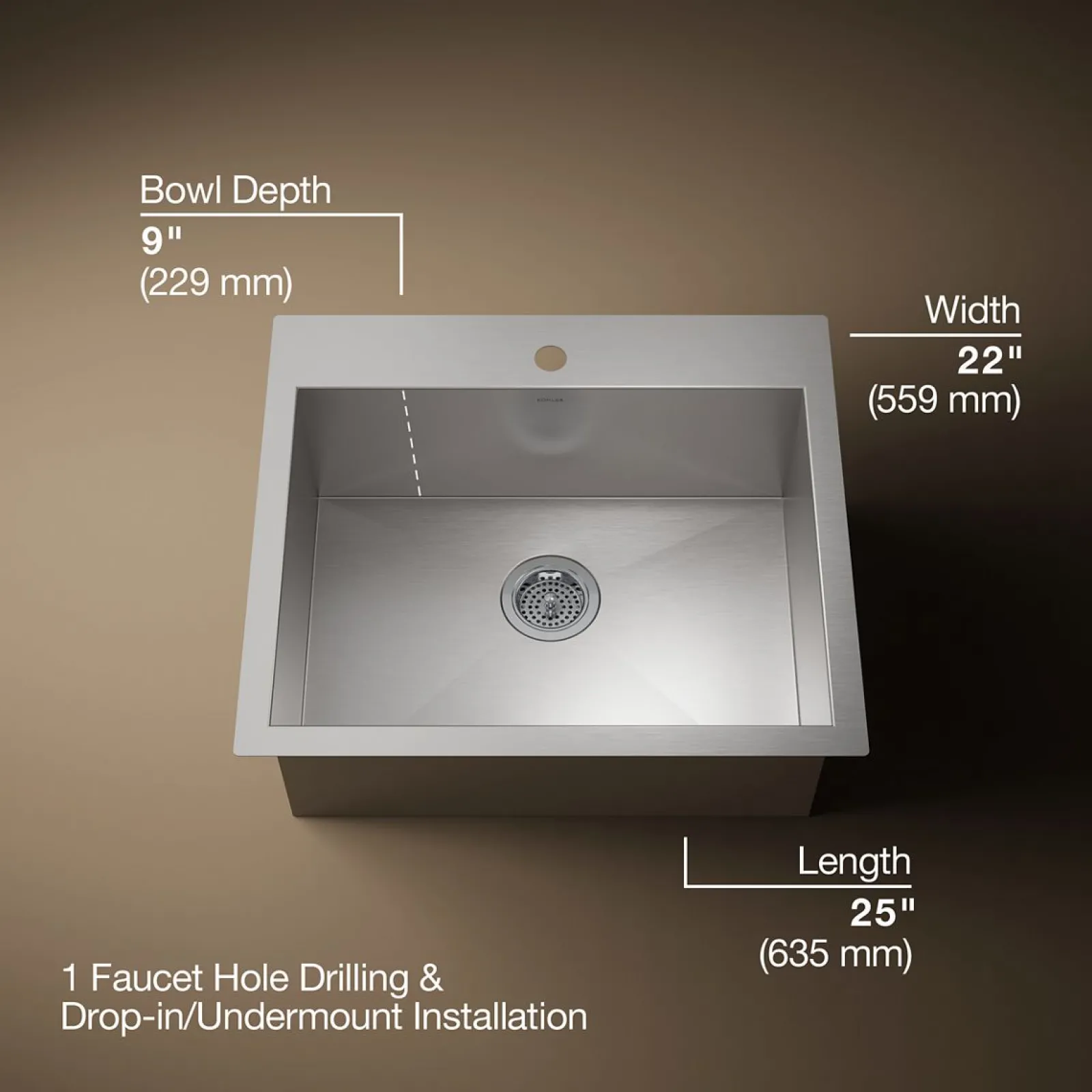 25" top-/undermount single-bowl kitchen sink^Kohler