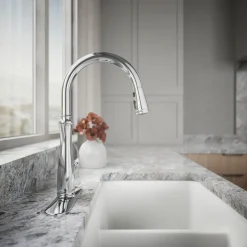 Touchless pull-down kitchen sink faucet with three-function sprayhead^Kohler