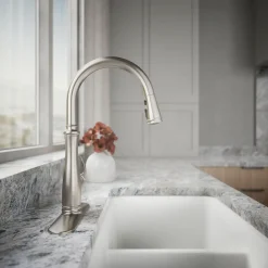 Touchless pull-down kitchen sink faucet with three-function sprayhead^Kohler