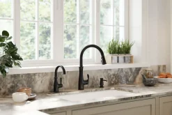 Touchless pull-down kitchen sink faucet with three-function sprayhead^Kohler