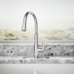 Touchless pull-down kitchen sink faucet with three-function sprayhead^Kohler