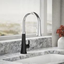 Touchless pull-down kitchen sink faucet with three-function sprayhead^Kohler