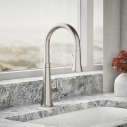 Touchless pull-down kitchen sink faucet with three-function sprayhead^Kohler