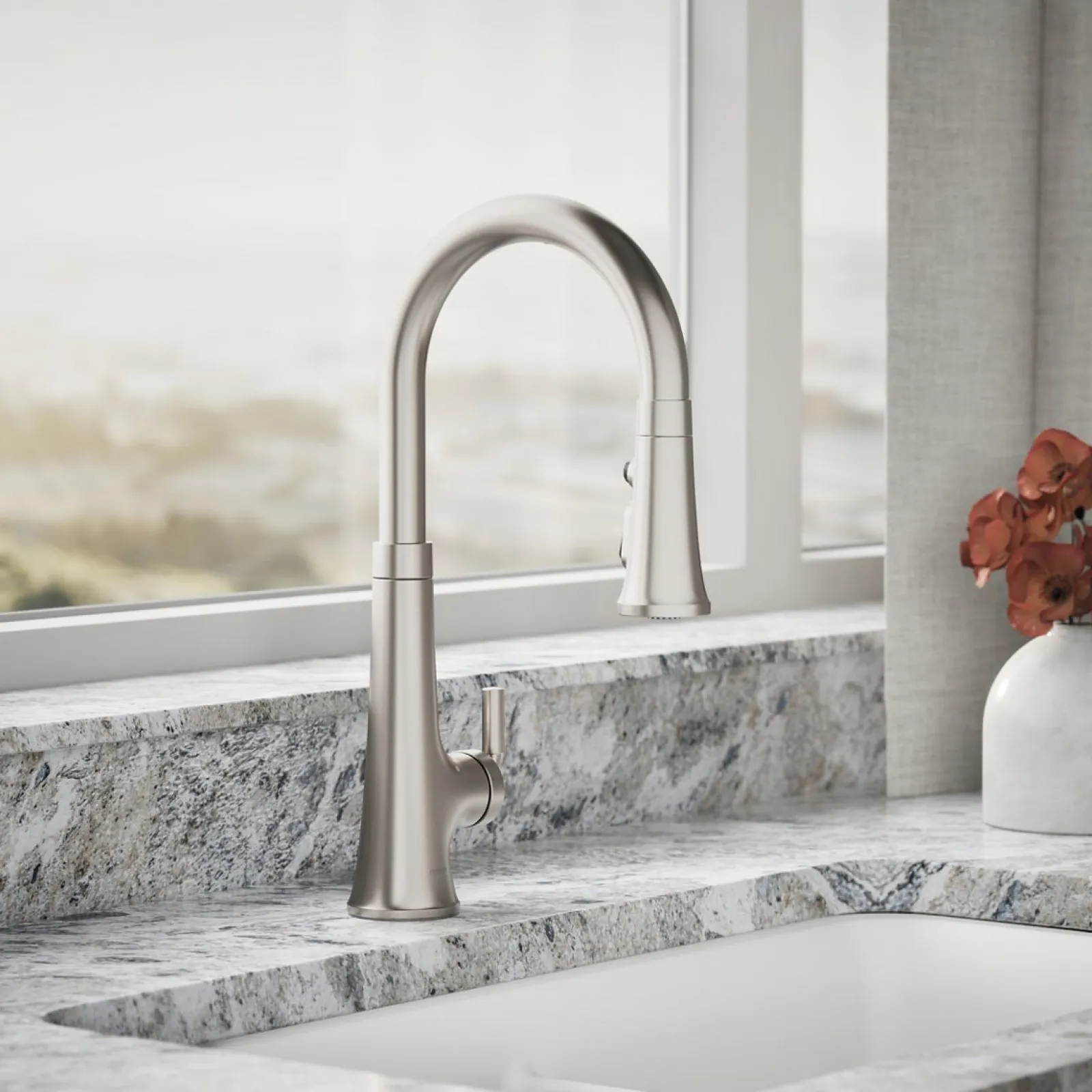Touchless pull-down kitchen sink faucet with three-function sprayhead^Kohler