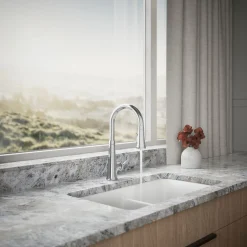 Touchless pull-down kitchen sink faucet with three-function sprayhead^Kohler