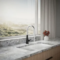 Touchless pull-down kitchen sink faucet with three-function sprayhead^Kohler