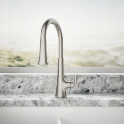 Touchless pull-down kitchen sink faucet with three-function sprayhead^Kohler