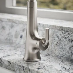 Touchless pull-down kitchen sink faucet with three-function sprayhead^Kohler