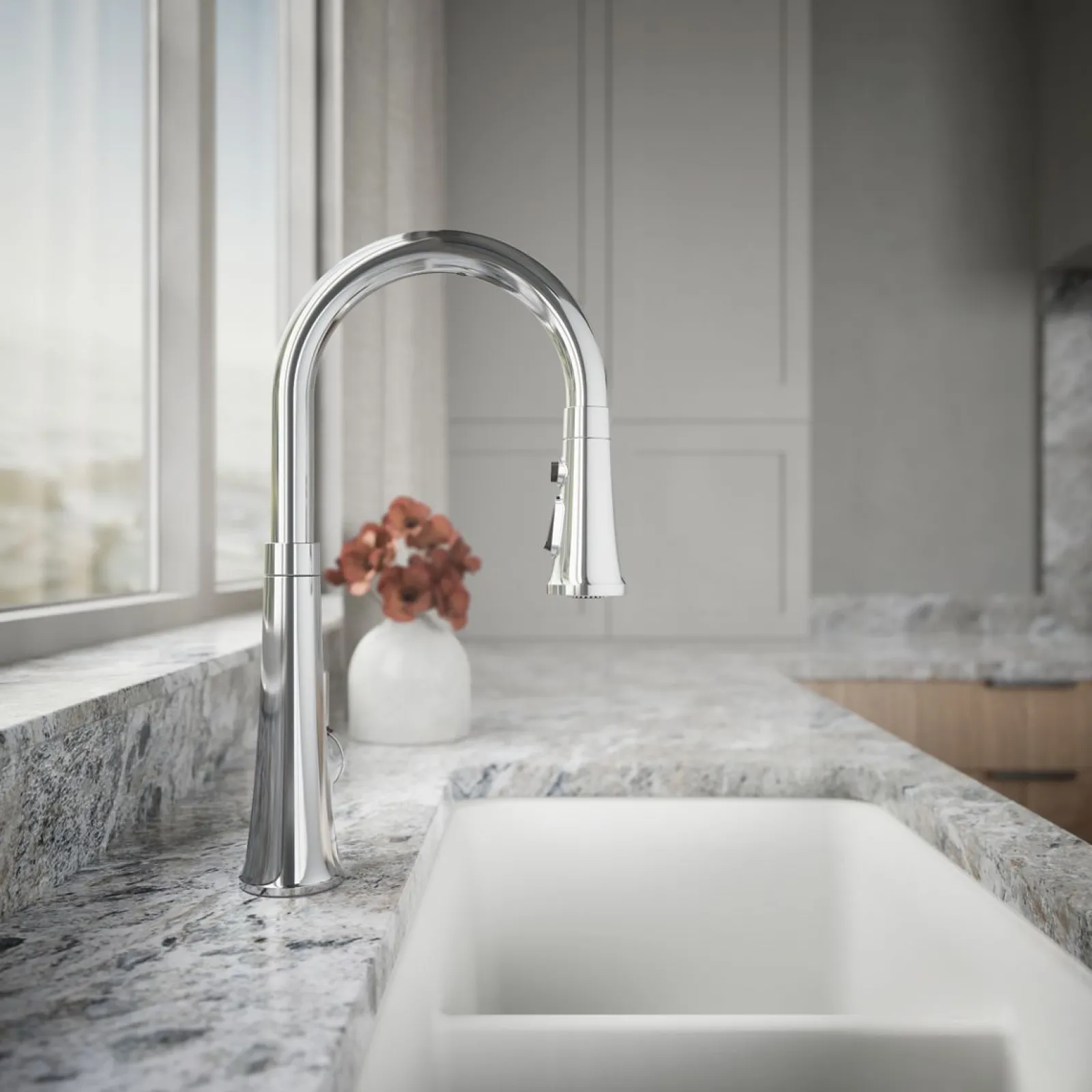 Touchless pull-down kitchen sink faucet with three-function sprayhead^Kohler