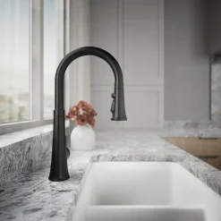 Touchless pull-down kitchen sink faucet with three-function sprayhead^Kohler