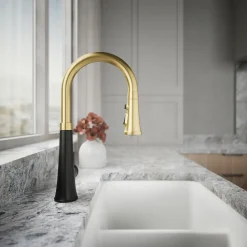 Touchless pull-down kitchen sink faucet with three-function sprayhead^Kohler