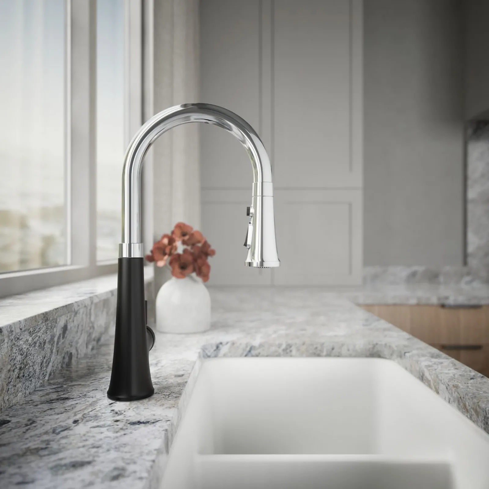 Touchless pull-down kitchen sink faucet with three-function sprayhead^Kohler