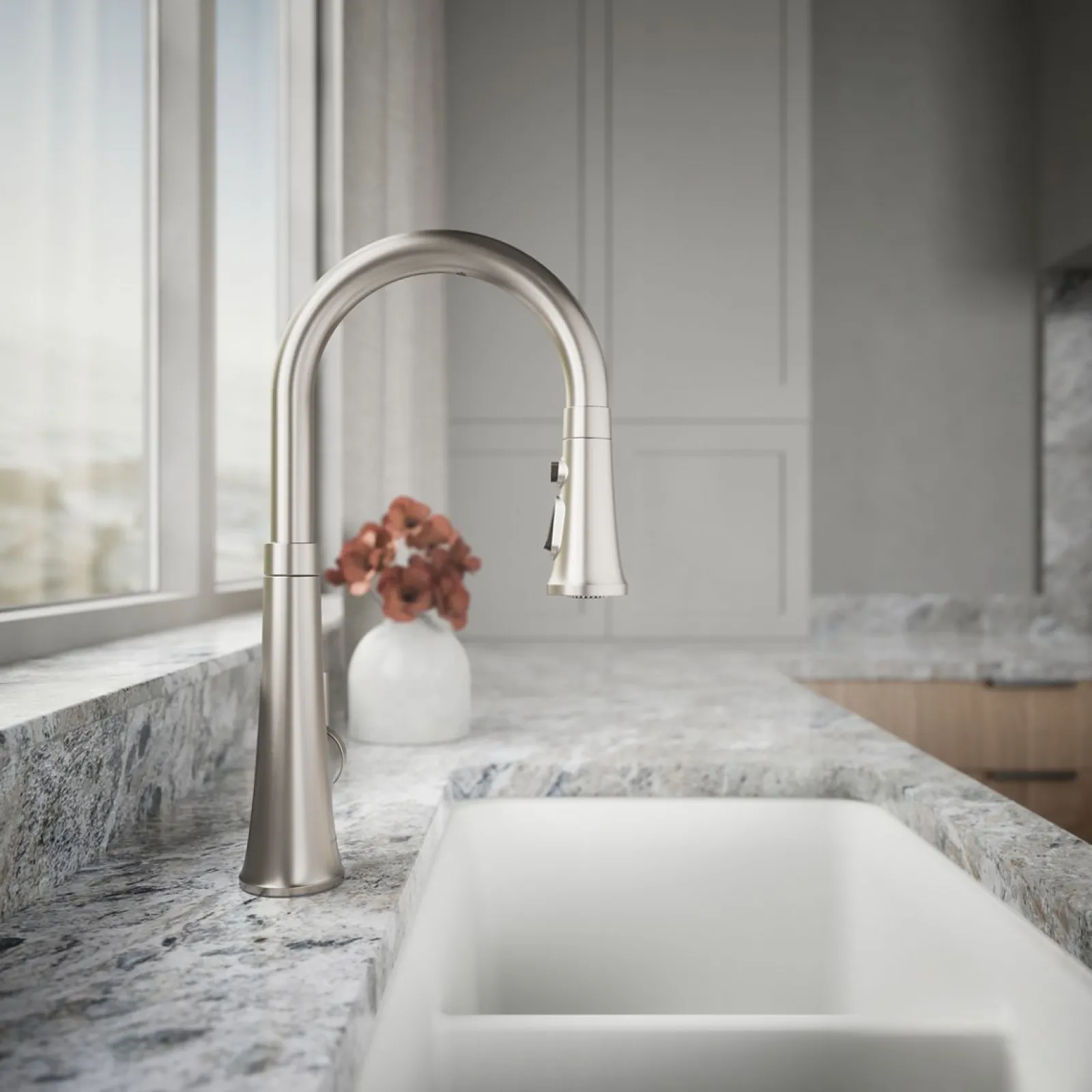 Touchless pull-down kitchen sink faucet with three-function sprayhead^Kohler