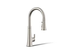 Touchless pull-down kitchen sink faucet with three-function sprayhead^Kohler