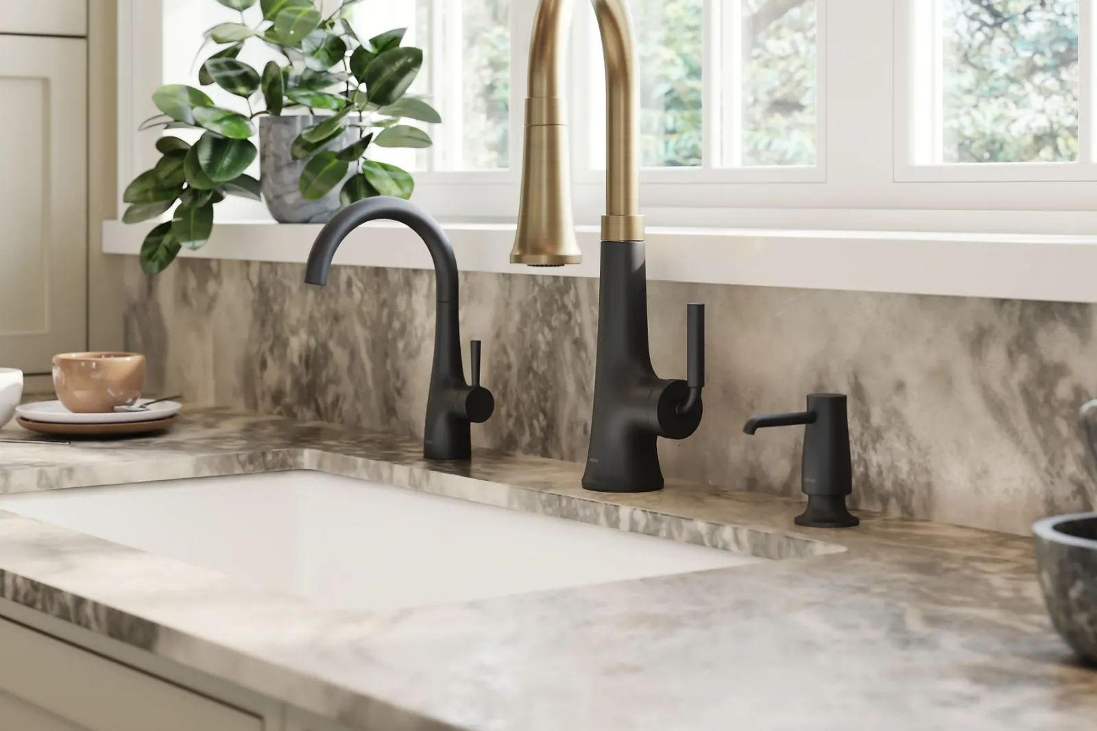 Touchless pull-down kitchen sink faucet with three-function sprayhead^Kohler