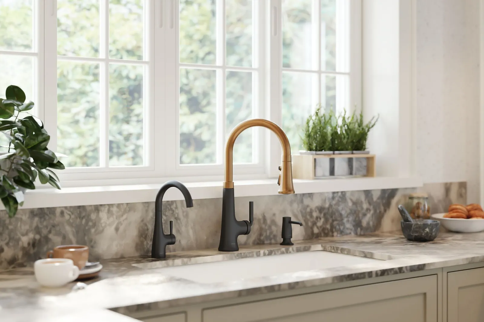 Touchless pull-down kitchen sink faucet with three-function sprayhead^Kohler