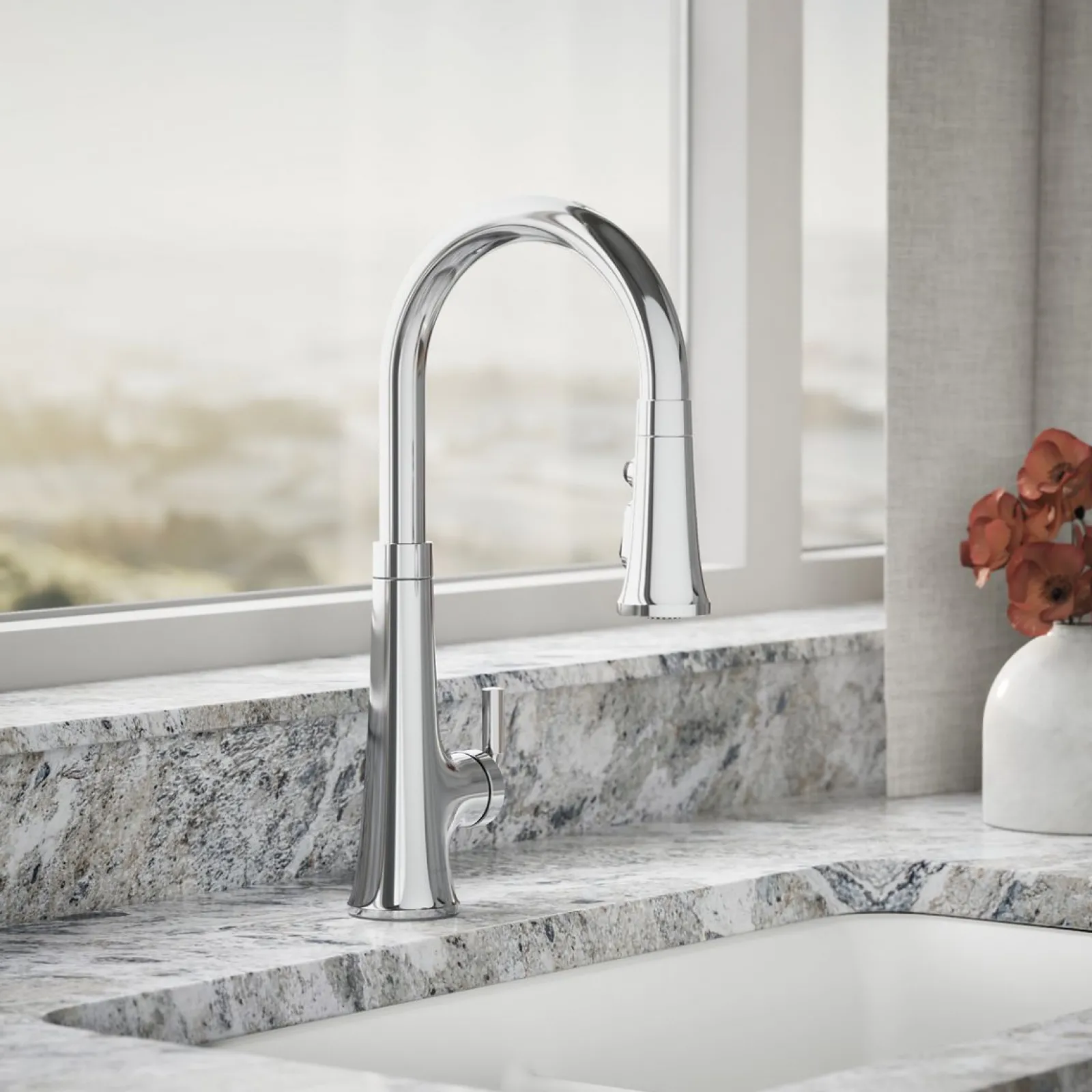 Touchless pull-down kitchen sink faucet with three-function sprayhead^Kohler