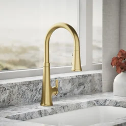 Touchless pull-down kitchen sink faucet with three-function sprayhead^Kohler