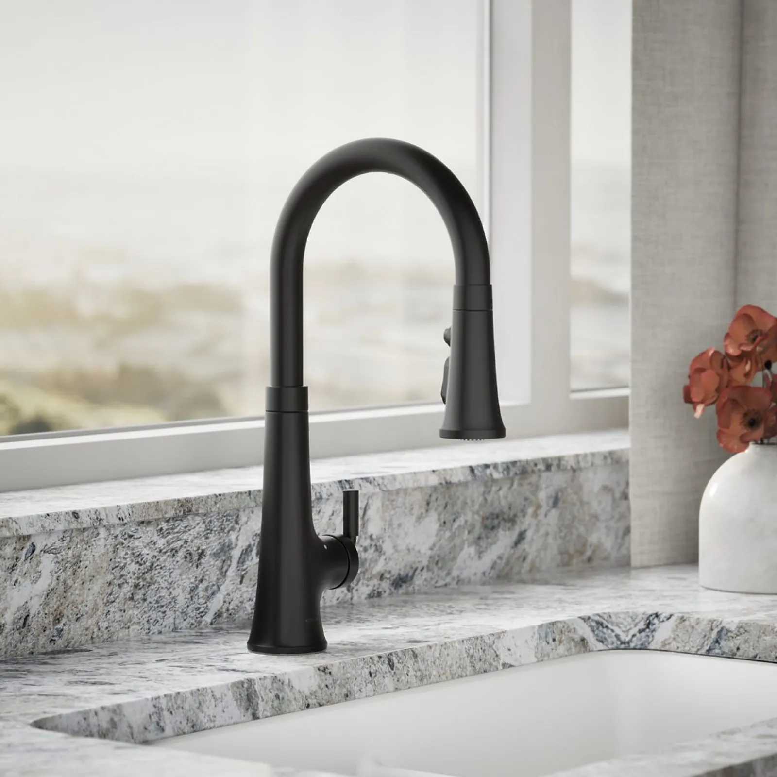 Touchless pull-down kitchen sink faucet with three-function sprayhead^Kohler