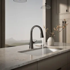 Touchless pull-down kitchen sink faucet with three-function sprayhead^Kohler